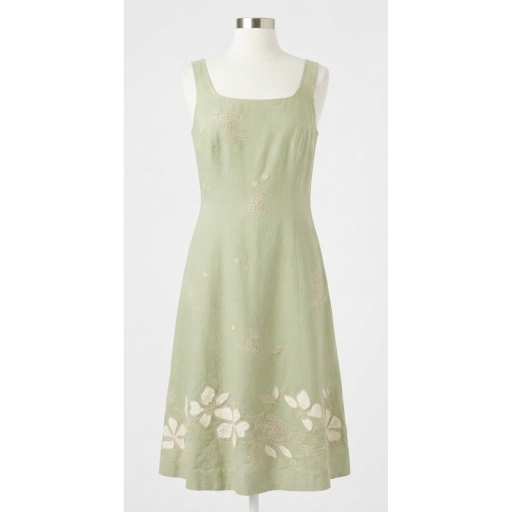 Vtg 90s Talbots Sage Green Linen Blend Dress 6 Embroidered Cottagecore Coquette